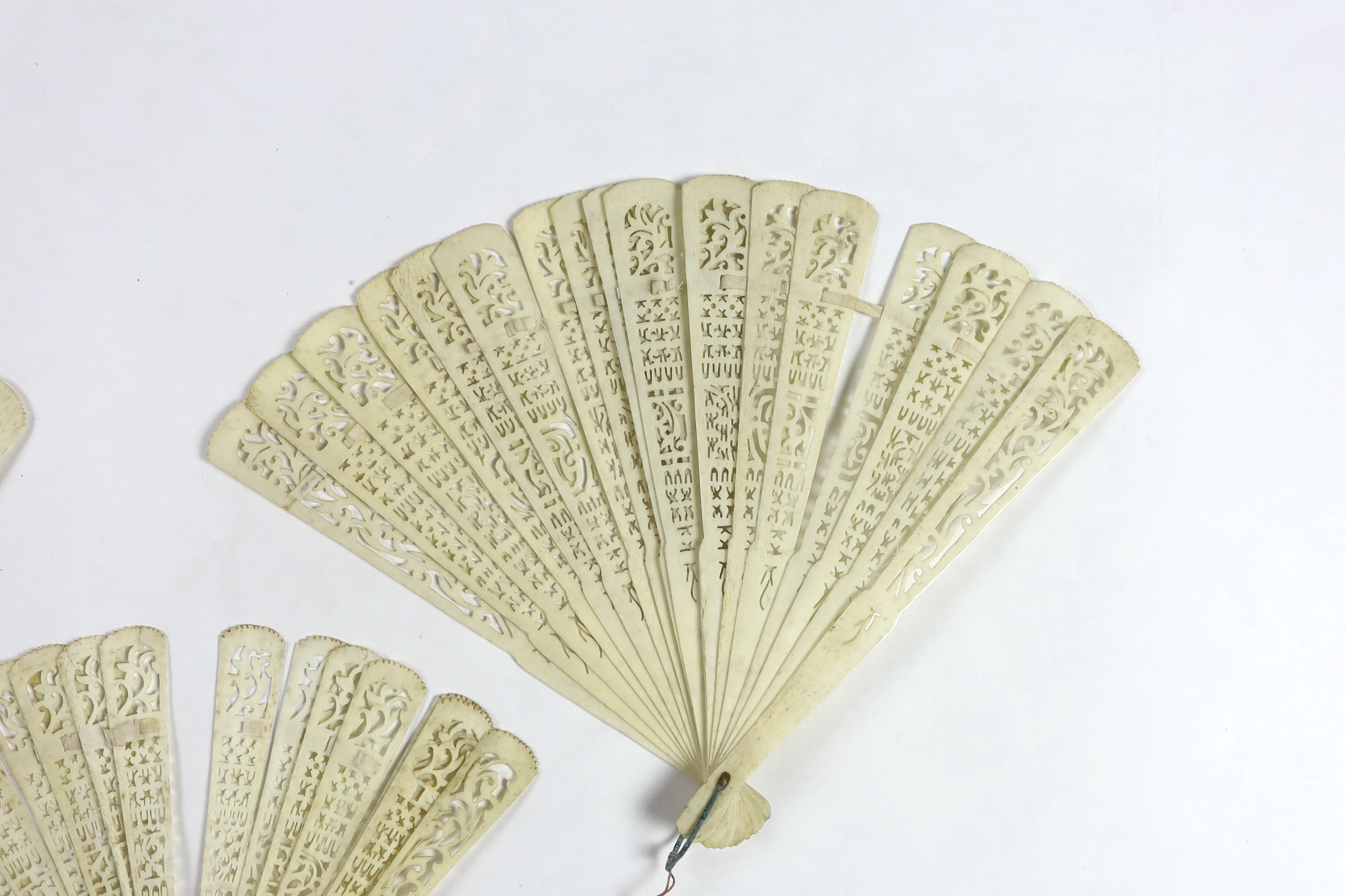 Three late 19th century 19th / early 20th century Chinese bone brisé fans
